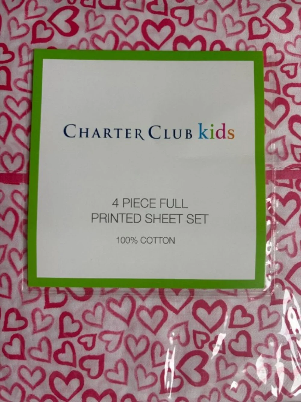 RED HEARTS Charter Club 250 TC Printed 100% Cotton Sateen-Weave FULL Sheet Set